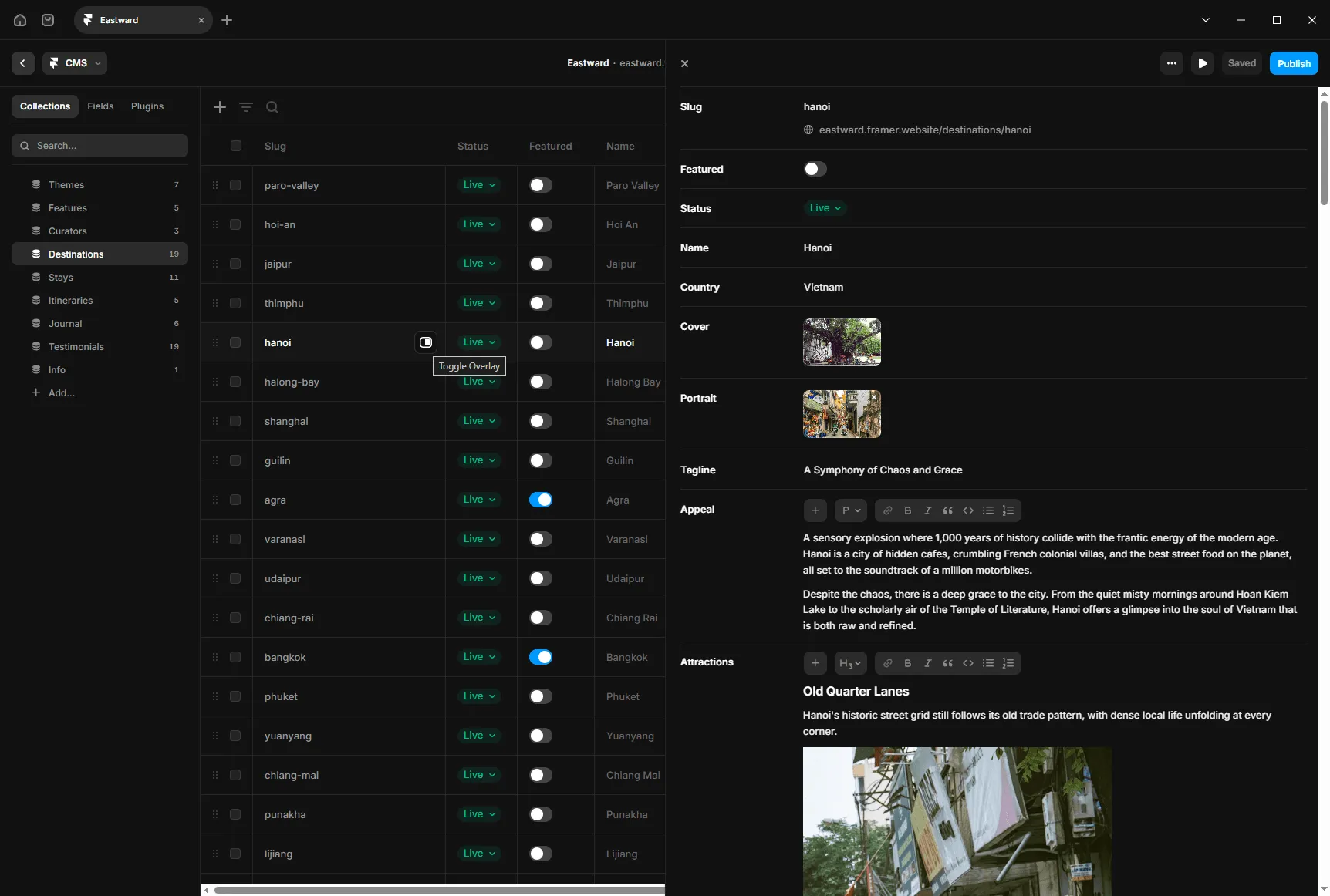 Framer's CMS panel with the Destinations collection list beside an open entry overlay showing slug, status, cover, and rich-text fields