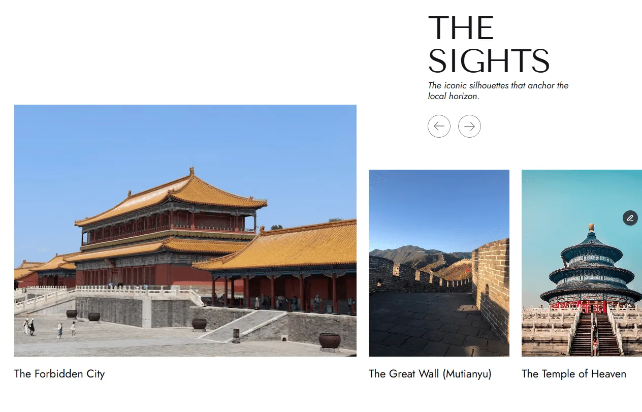 The Eastward attractions reel showing a featured destination with captioned photography