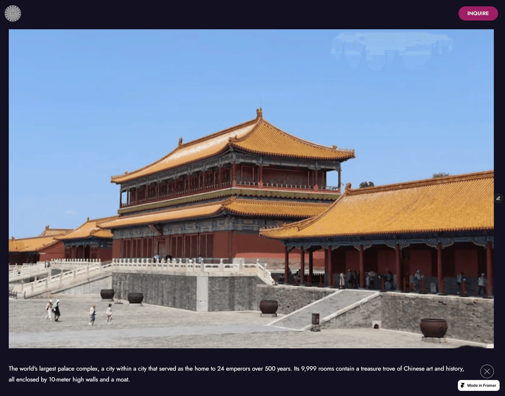A featured Eastward destination page showing Forbidden City photography with an inquiry call to action