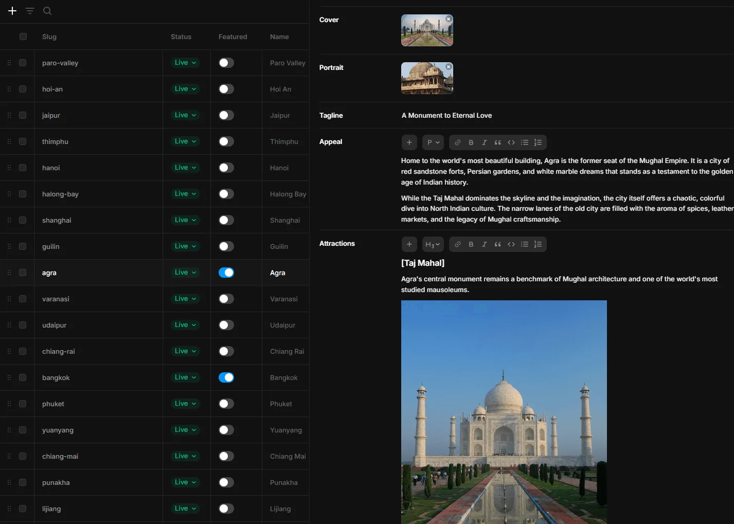 A CMS entry showing an attraction title enclosed in square brackets to feature it on the homepage