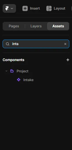 Framer's Assets panel with a search for the Intake form component