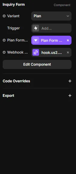The Inquiry Form component panel showing the Webhook URL field