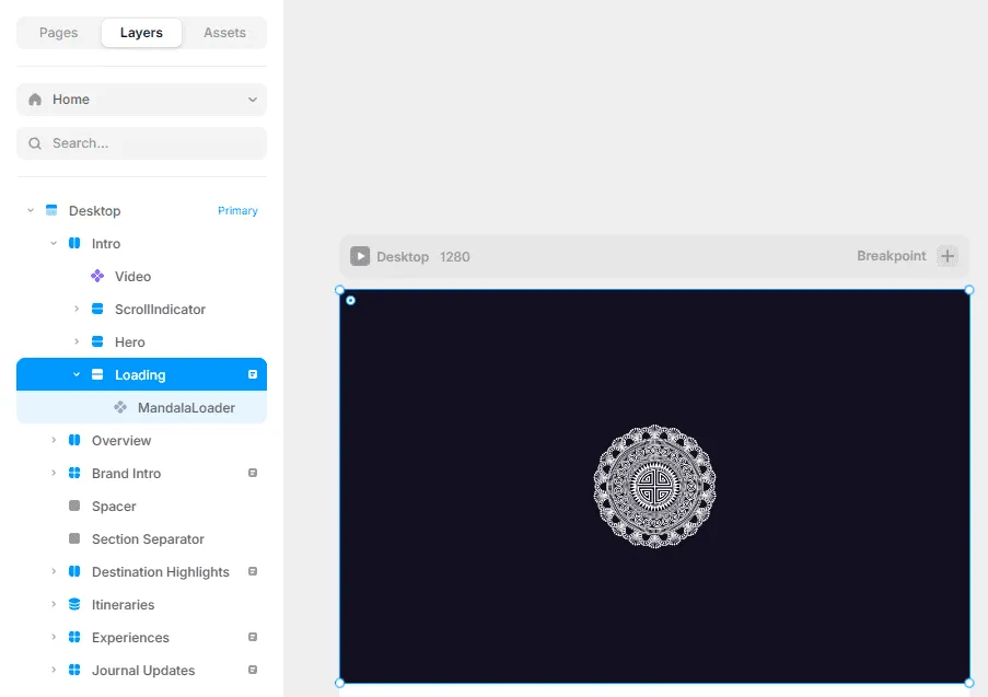 Framer's Layers tab with the homepage layer tree expanded and the Loading layer selected