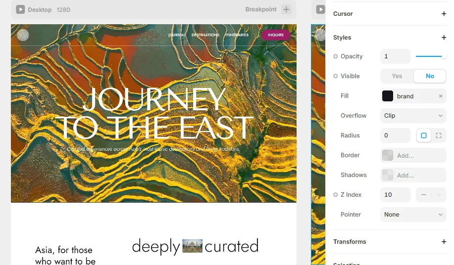 The Framer canvas showing the Eastward homepage hero with the Styles panel open